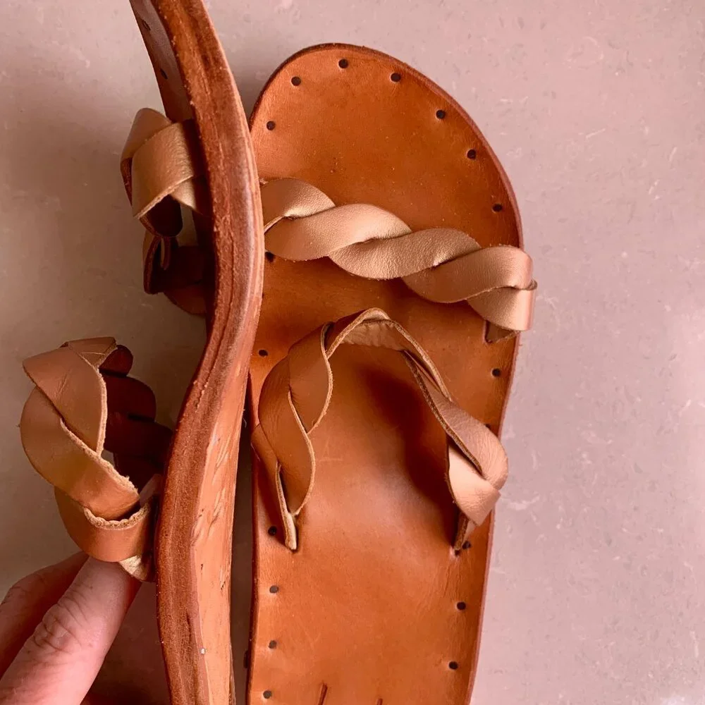 beek Tan Braided Leather Slide Sandals